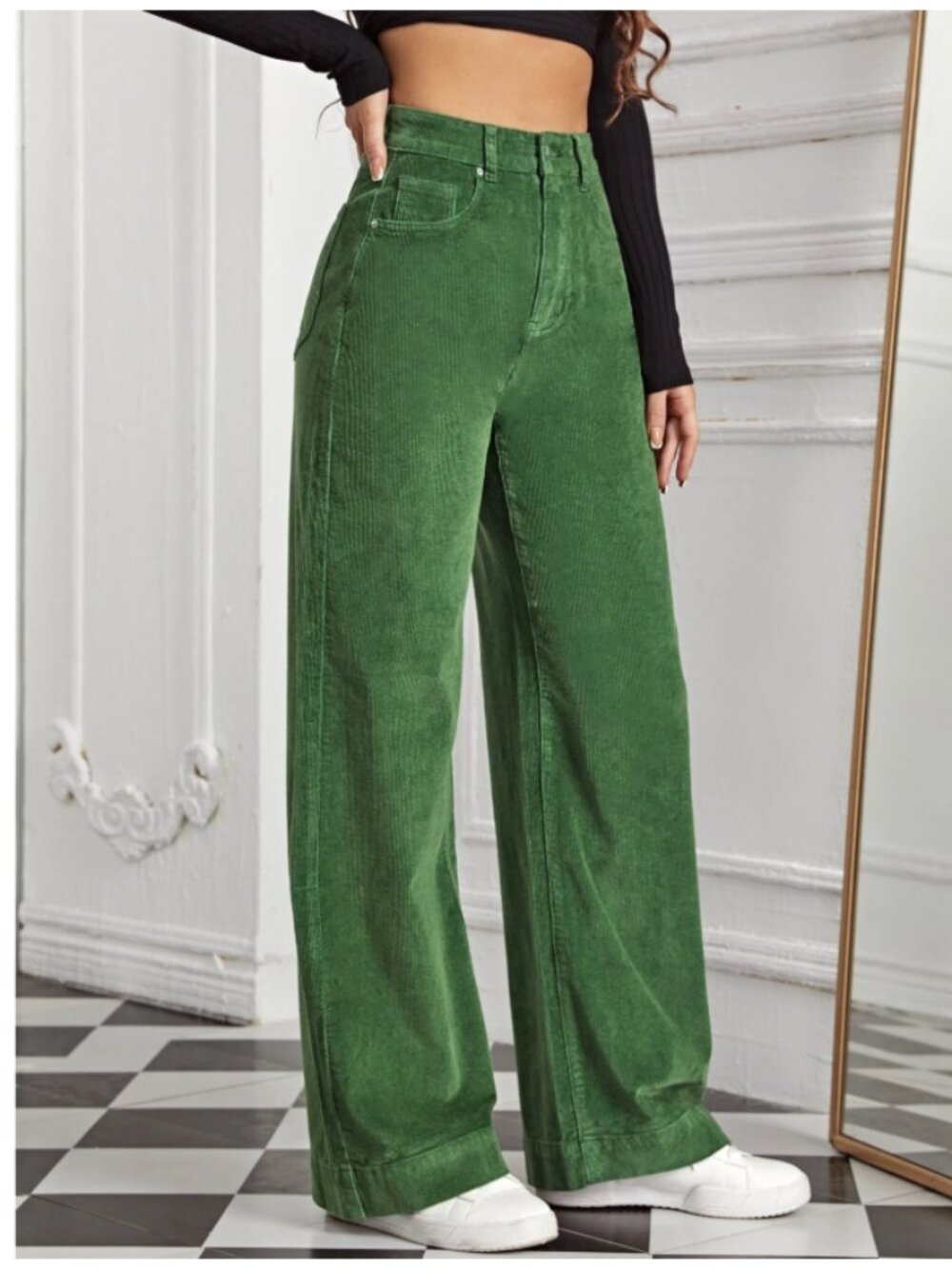 💚 Green Corduroy Wide Leg Pants | Size L | High Waist Straight Leg Trousers